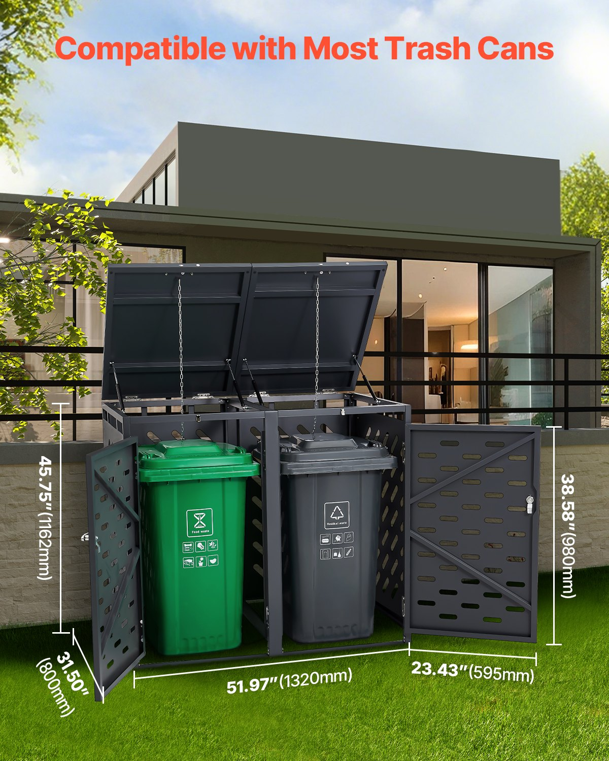 VEVOR Trash Can Storage Garbage Can Storage Shed 2 x 52.79 Gal with Chain Lid