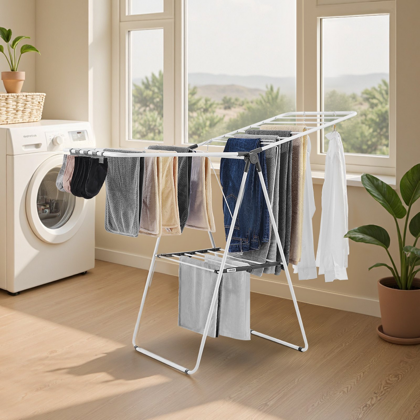 VEVOR 2-Tier Foldable Clothes Drying Rack with Sock Clips & 21 Drying Rods White