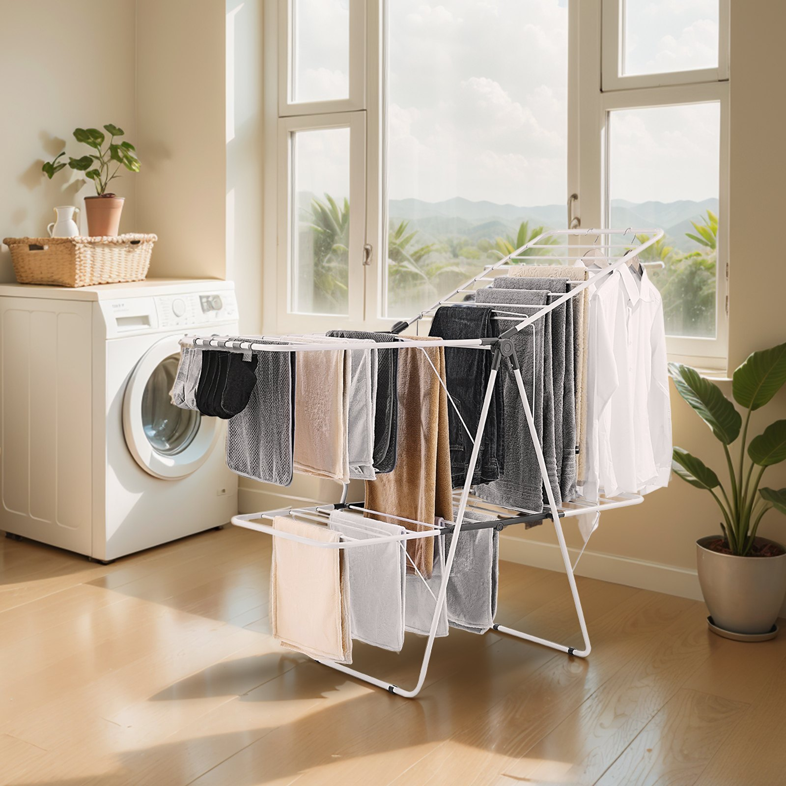 VEVOR 2-Tier Foldable Clothes Drying Rack with Sock Clips & 31 Drying Rods White