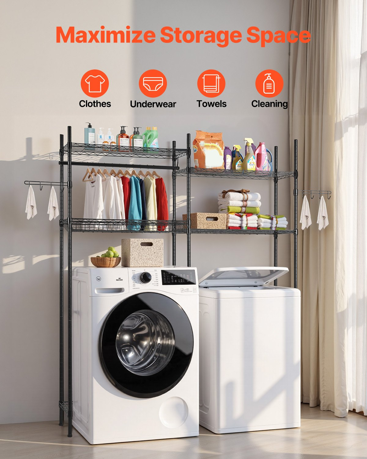 VEVOR Over Washer and Dryer Storage Shelf Two Row 4 Tiers Washer Rack Black