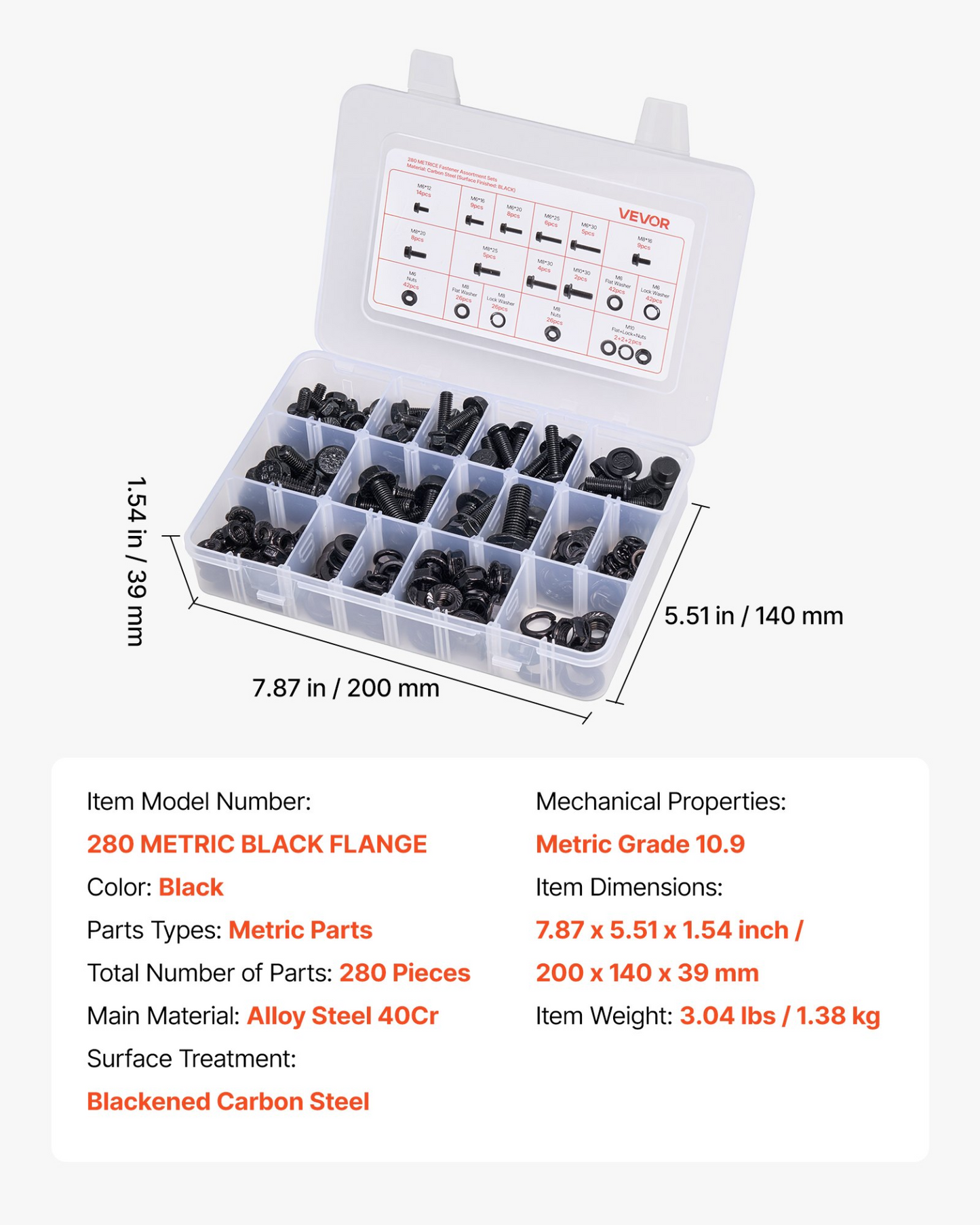 VEVOR 280 Pcs Bolts Nuts Assortment Kit Metric Alloy Steel M6 M8 M10