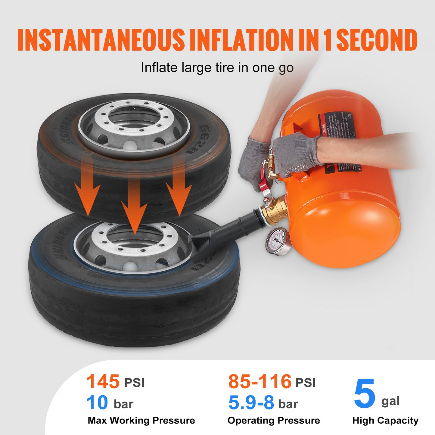 VEVOR Tire Bead Blaster, 5 Gallon/19L Capacity, Includes Pressure Gauge & Handle, 145 PSI Max Inflation Tank, Operates Between 85-116 PSI for Cars, Trucks, and ATVs