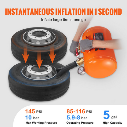 VEVOR Tire Bead Blaster, 5 Gallon/19L Capacity, Includes Pressure Gauge & Handle, 145 PSI Max Inflation Tank, Operates Between 85-116 PSI for Cars, Trucks, and ATVs