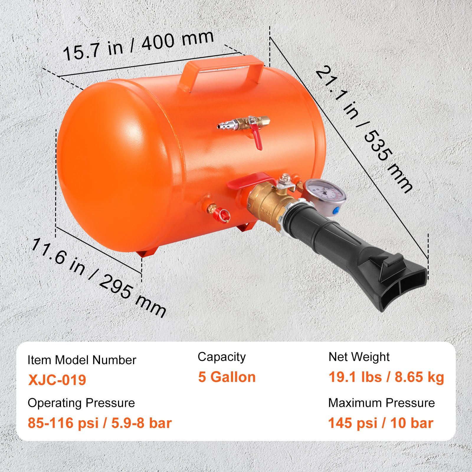 VEVOR Tire Bead Blaster, 5 Gallon/19L Capacity, Includes Pressure Gauge & Handle, 145 PSI Max Inflation Tank, Operates Between 85-116 PSI for Cars, Trucks, and ATVs