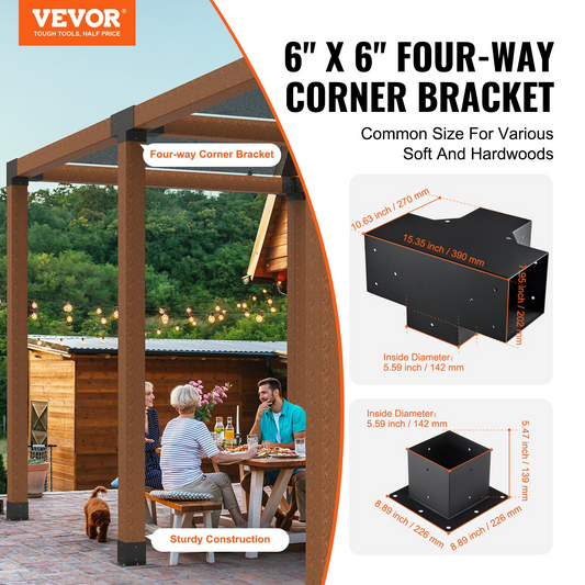 VEVOR Pergola Bracket Kit 6 x 6 inch, 4pcs 4-Way Heavy Duty Corner Bracket Woodworks DIY Post Base, Easy Installation Wooden Beams for Gazebos, Patio Pergolas, Log Cabin Outdoor Pergola Hardware