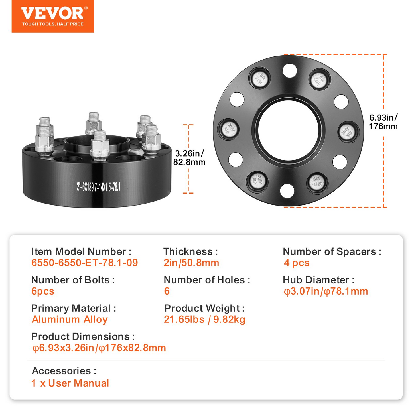 VEVOR 2" 6"x5.5" Wheel Spacers Wheel Adapters 6 Lug Forged Spacer 4 PCS Black
