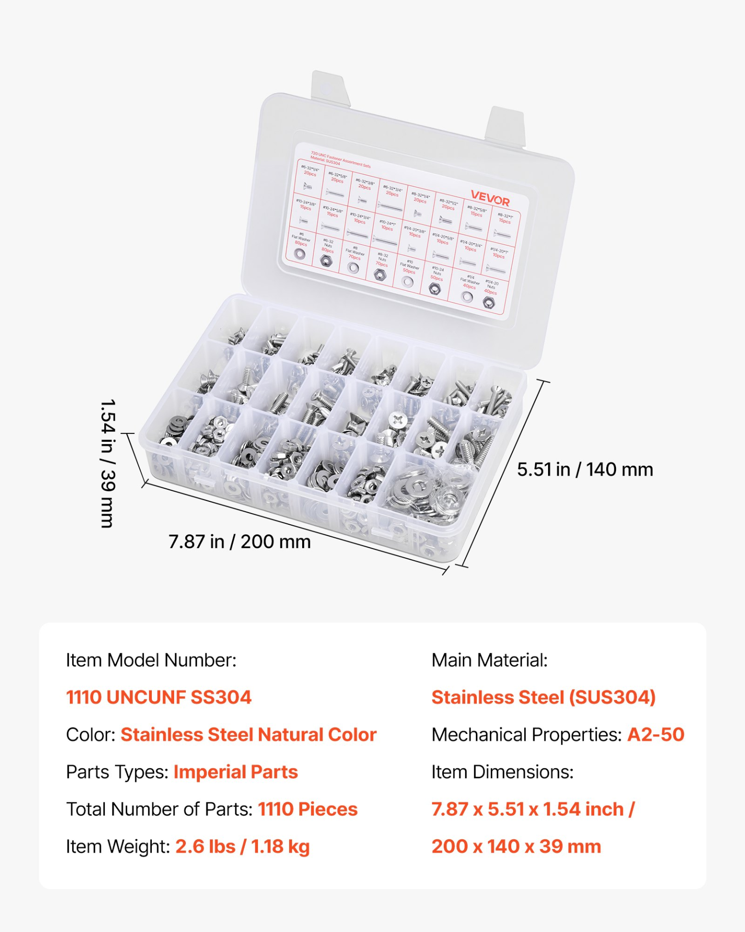 VEVOR 720 Pcs Bolts Nuts Assortment Kit Imperial Stainless Steel for Furniture