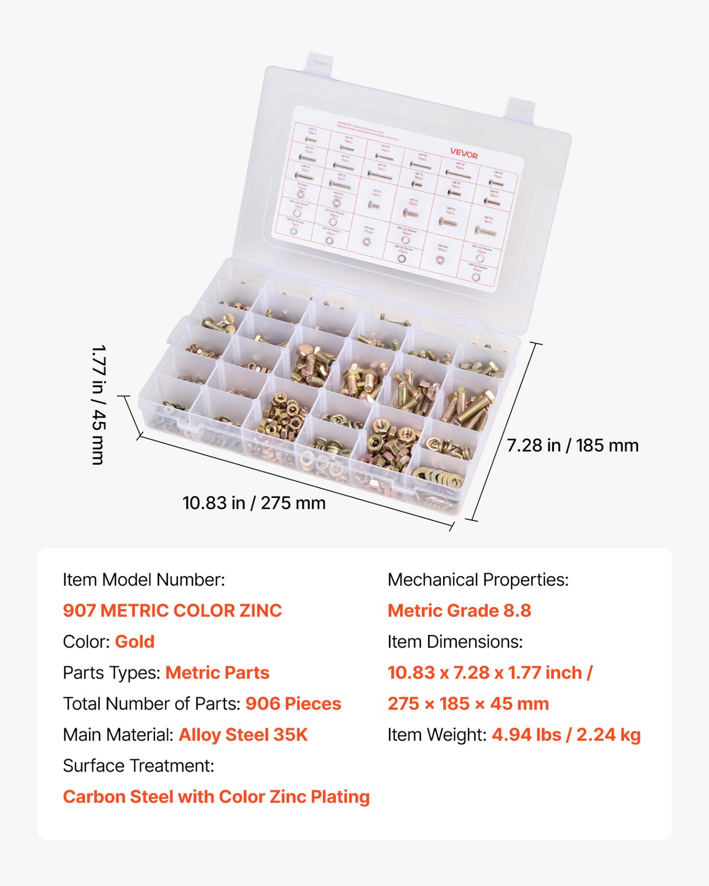VEVOR 906 Pcs Bolts Nuts Assortment Kit Metric Alloy Steel M4 M5 M6 M8