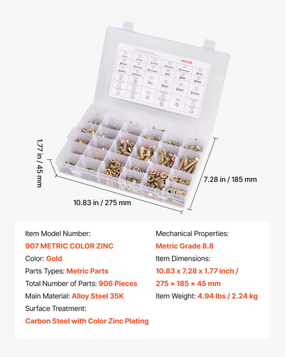 VEVOR 906 Pcs Bolts Nuts Assortment Kit Metric Alloy Steel M4 M5 M6 M8