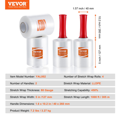 VEVOR Stretch Film, 5 inches x 1000 feet, 4 Pack, 80 Gauge Industrial Strength Clear Durable Stretch Wrap Roll, Heavy Duty Shrink Film Stretch Wrap with Handles for Pallet Wrapping Shipping Moving