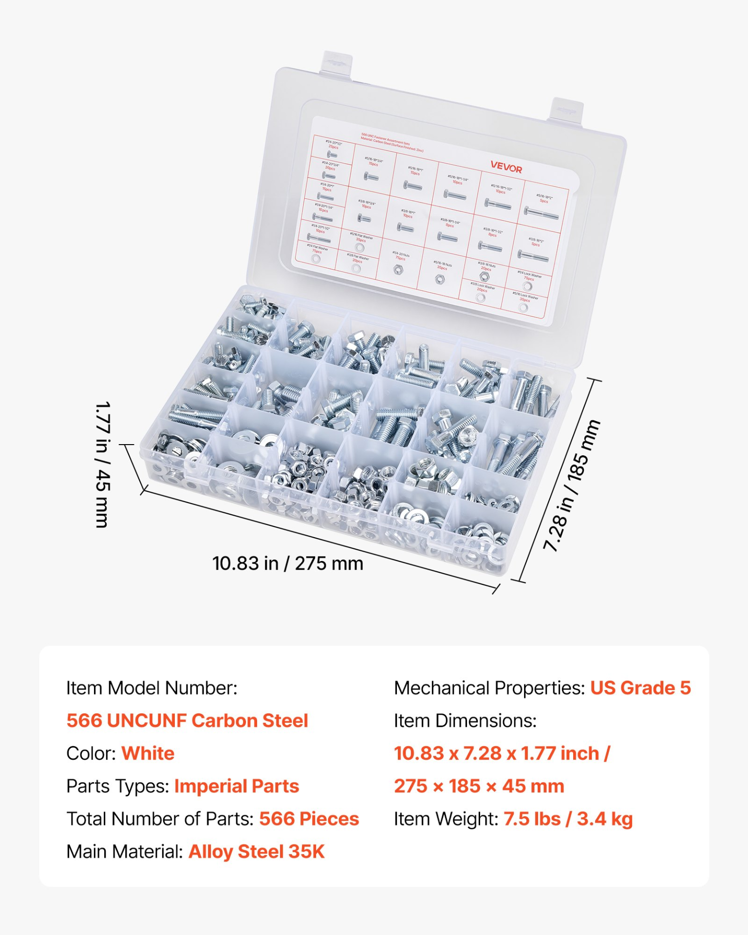 VEVOR 566 Pcs Bolts Nuts Assortment Kit Imperial Alloy Steel for Furniture