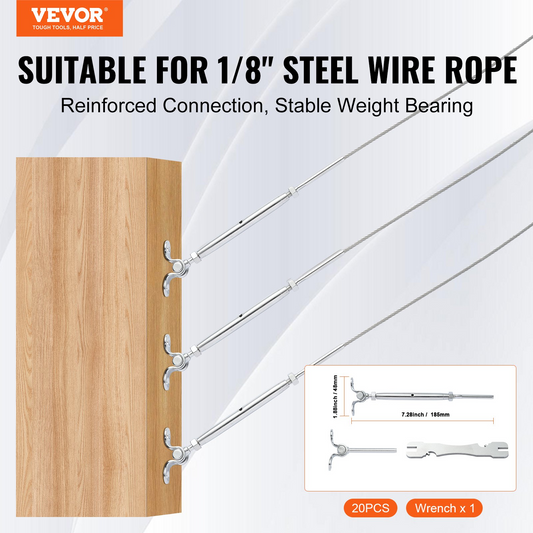 VEVOR T316 Stainless Steel Adjustable Angle 3.2mm Cable Railing Kit/Hardware for Wood Post，Marine Grade for 3.2mmWire Rope,0-180-Degree Angle & Easy Installation, Silver (20 Pack)