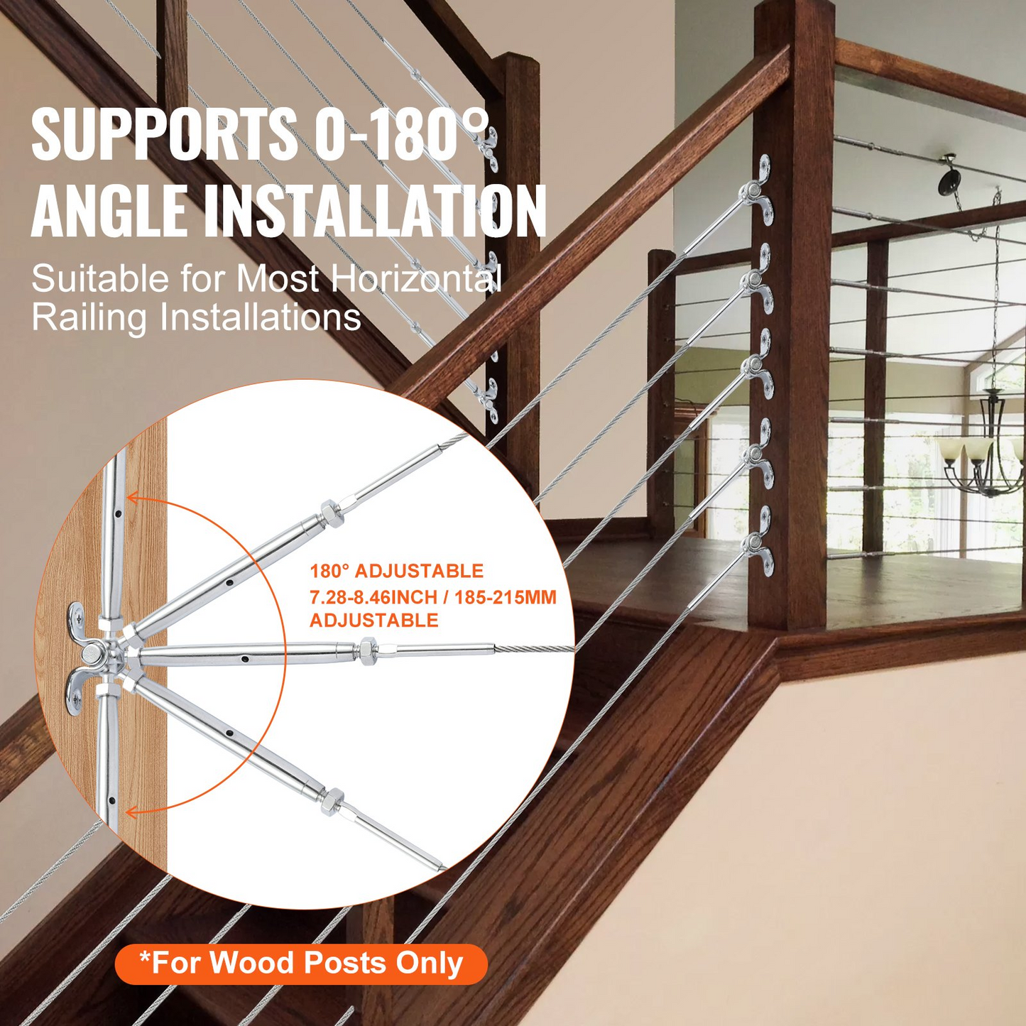 VEVOR T316 Stainless Steel Adjustable Angle 3.2mm Cable Railing Kit/Hardware for Wood Post，Marine Grade for 3.2mmWire Rope,0-180-Degree Angle & Easy Installation, Silver (20 Pack)