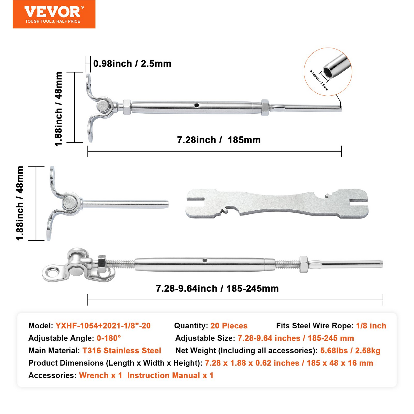 VEVOR T316 Stainless Steel Adjustable Angle 3.2mm Cable Railing Kit/Hardware for Wood Post，Marine Grade for 3.2mmWire Rope,0-180-Degree Angle & Easy Installation, Silver (20 Pack)
