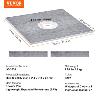 VEVOR Shower Curb Kit, 914x914mm Shower Pan Kit with 160mm Central Drain, Lightweight EPS Shower Installation Kits with 2 Waterproof Cloths, Shower Pan Slope Sticks Fit for Bathroom