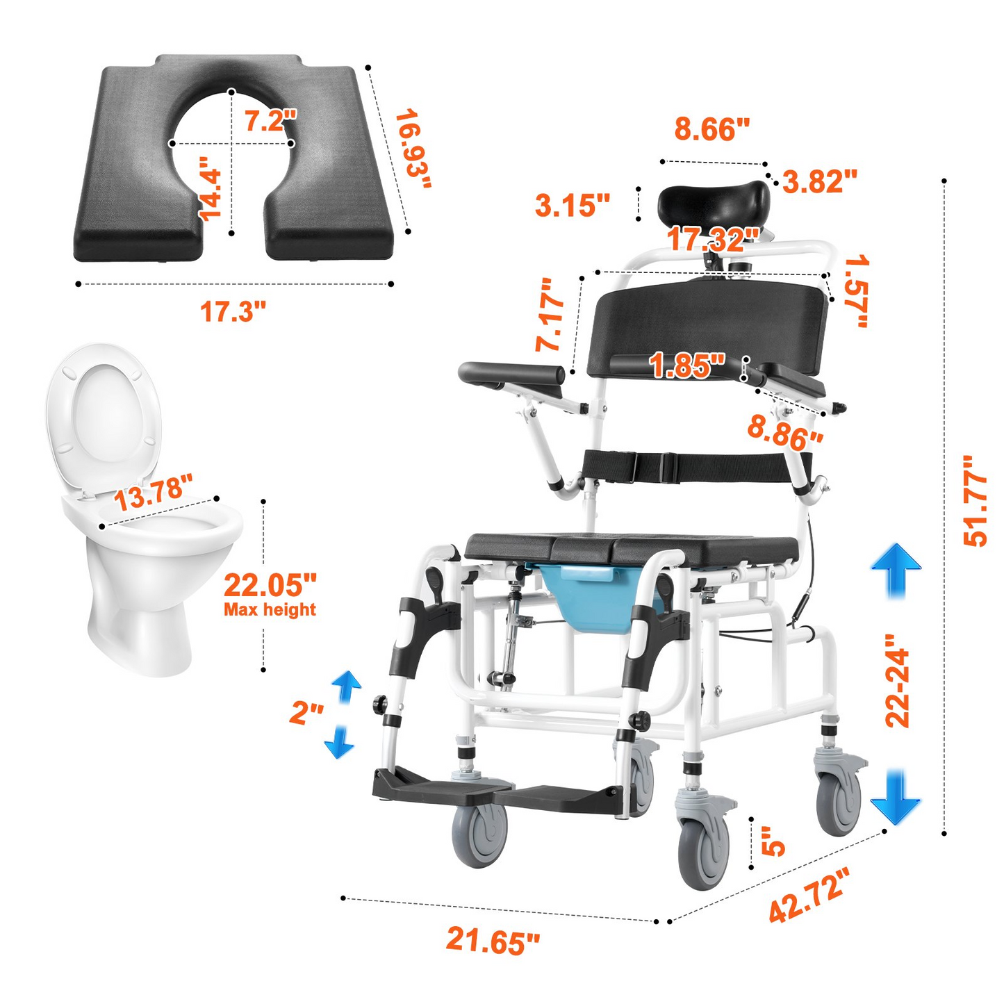 VEVOR Shower Wheelchair 17.5in/44.5 cm Al Alloy Bathroom Wheelchair for Disabled Adult