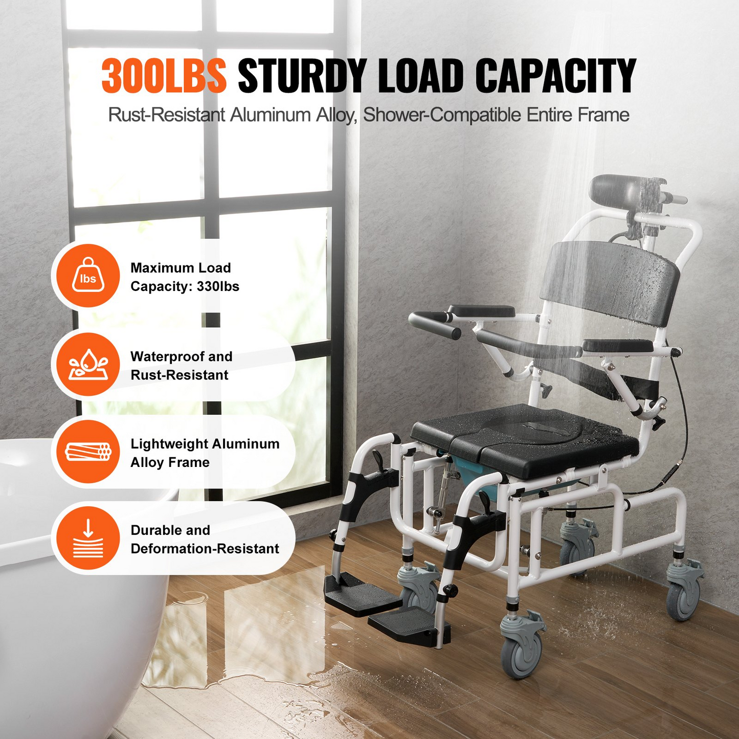 VEVOR Shower Wheelchair 17.5in/44.5 cm Al Alloy Bathroom Wheelchair for Disabled Adult