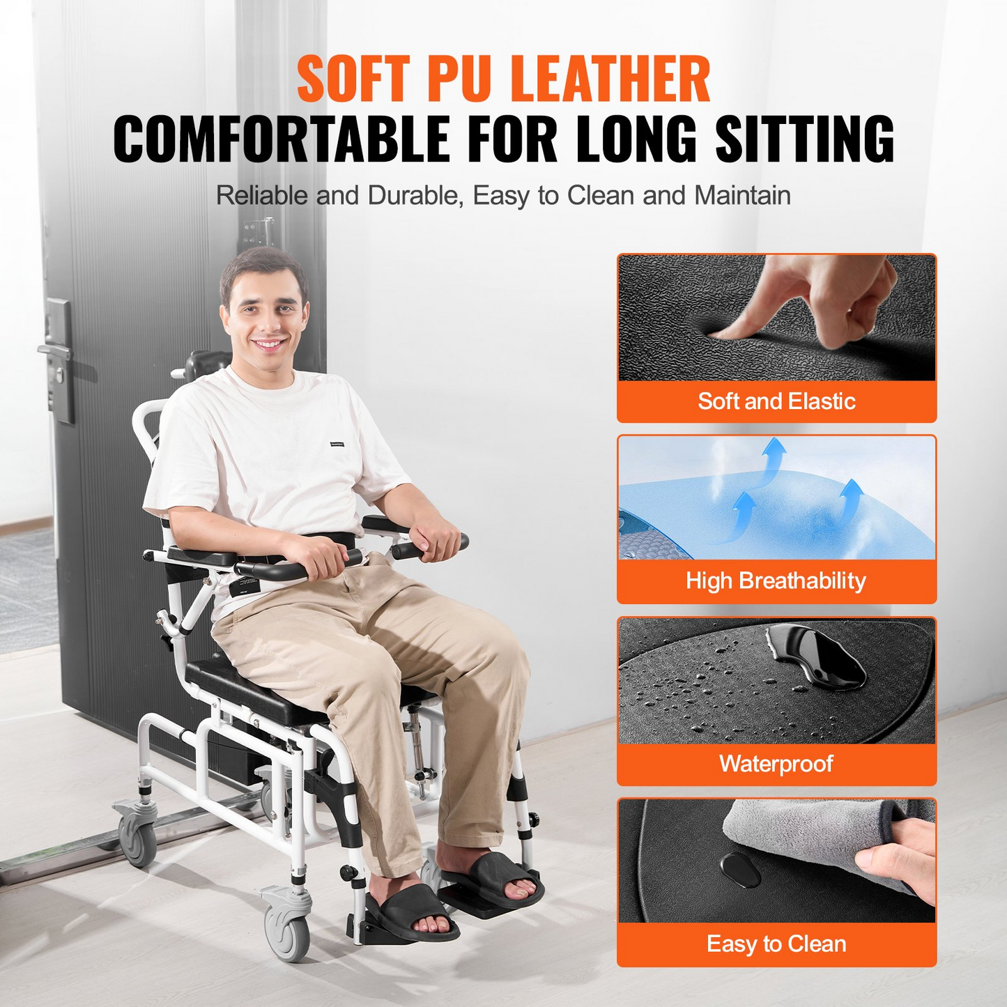 VEVOR Shower Wheelchair 17.5in/44.5 cm Al Alloy Bathroom Wheelchair for Disabled Adult