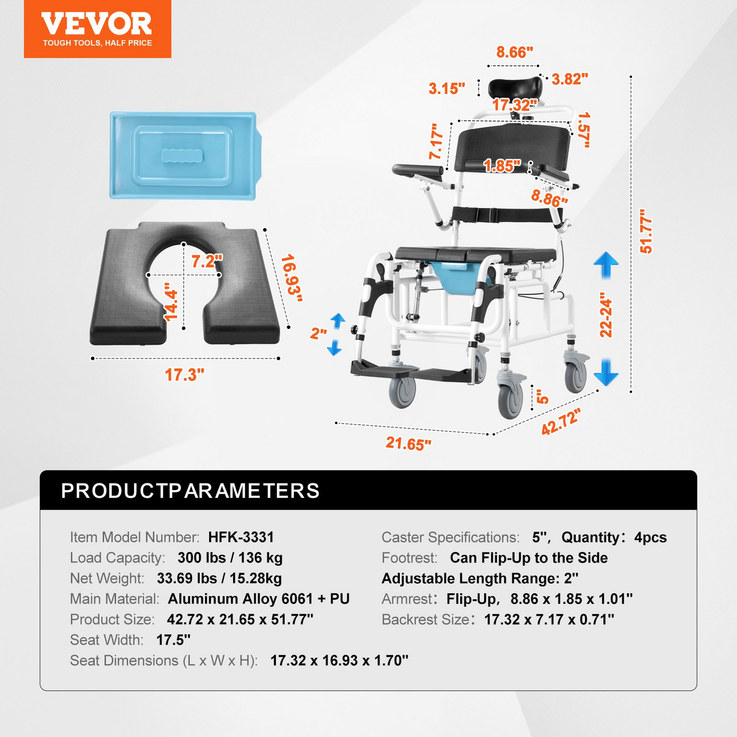VEVOR Shower Wheelchair 17.5in/44.5 cm Al Alloy Bathroom Wheelchair for Disabled Adult