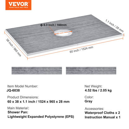 VEVOR Shower Curb Kit, 1524x965mm Shower Pan Kit with 160mm Central Drain, Lightweight EPS Shower Installation Kits with 2 Waterproof Cloths, Shower Pan Slope Sticks Fit for Bathroom