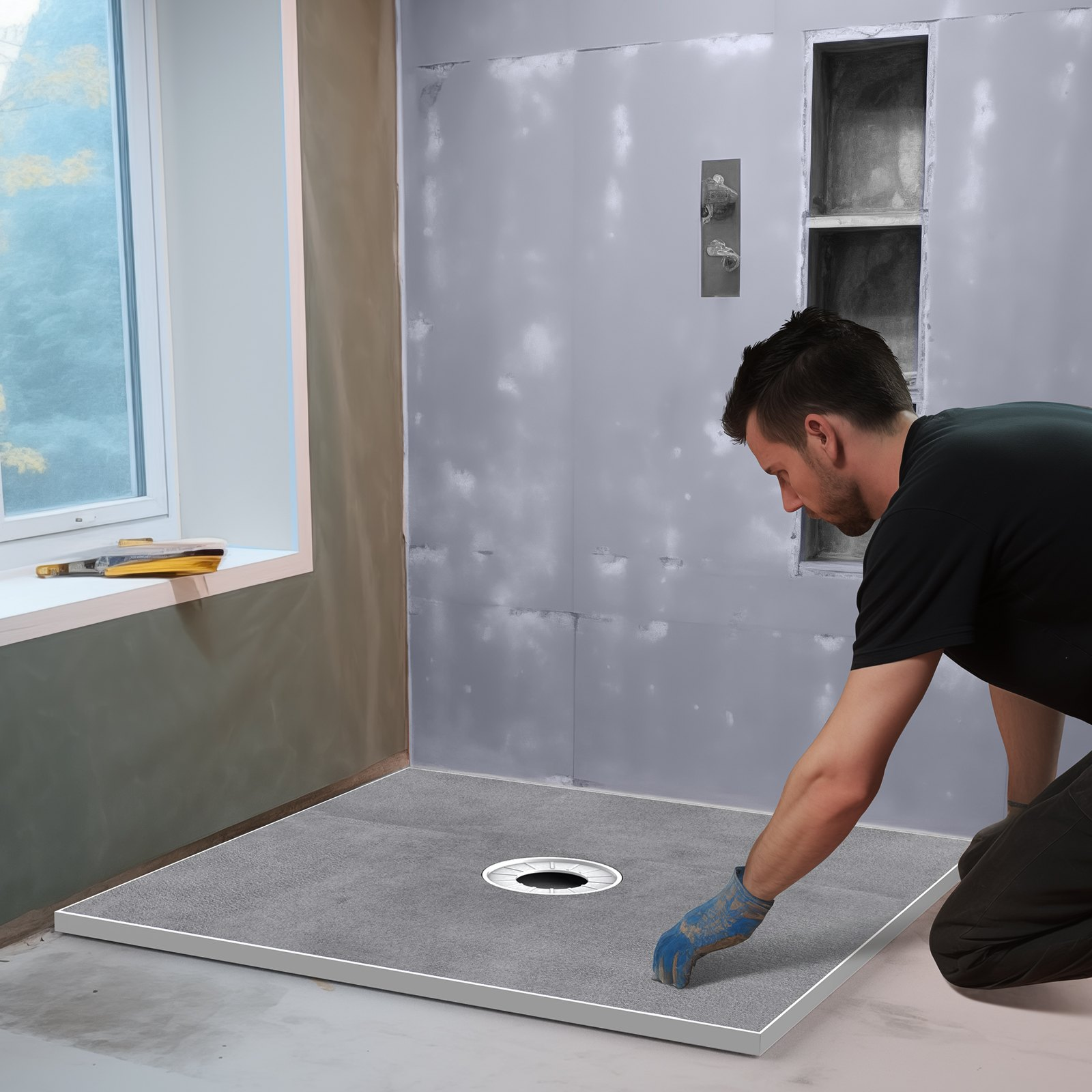 VEVOR Shower Curb Kit, 1524x965mm Shower Pan Kit with 160mm Central Drain, Lightweight EPS Shower Installation Kits with 2 Waterproof Cloths, Shower Pan Slope Sticks Fit for Bathroom