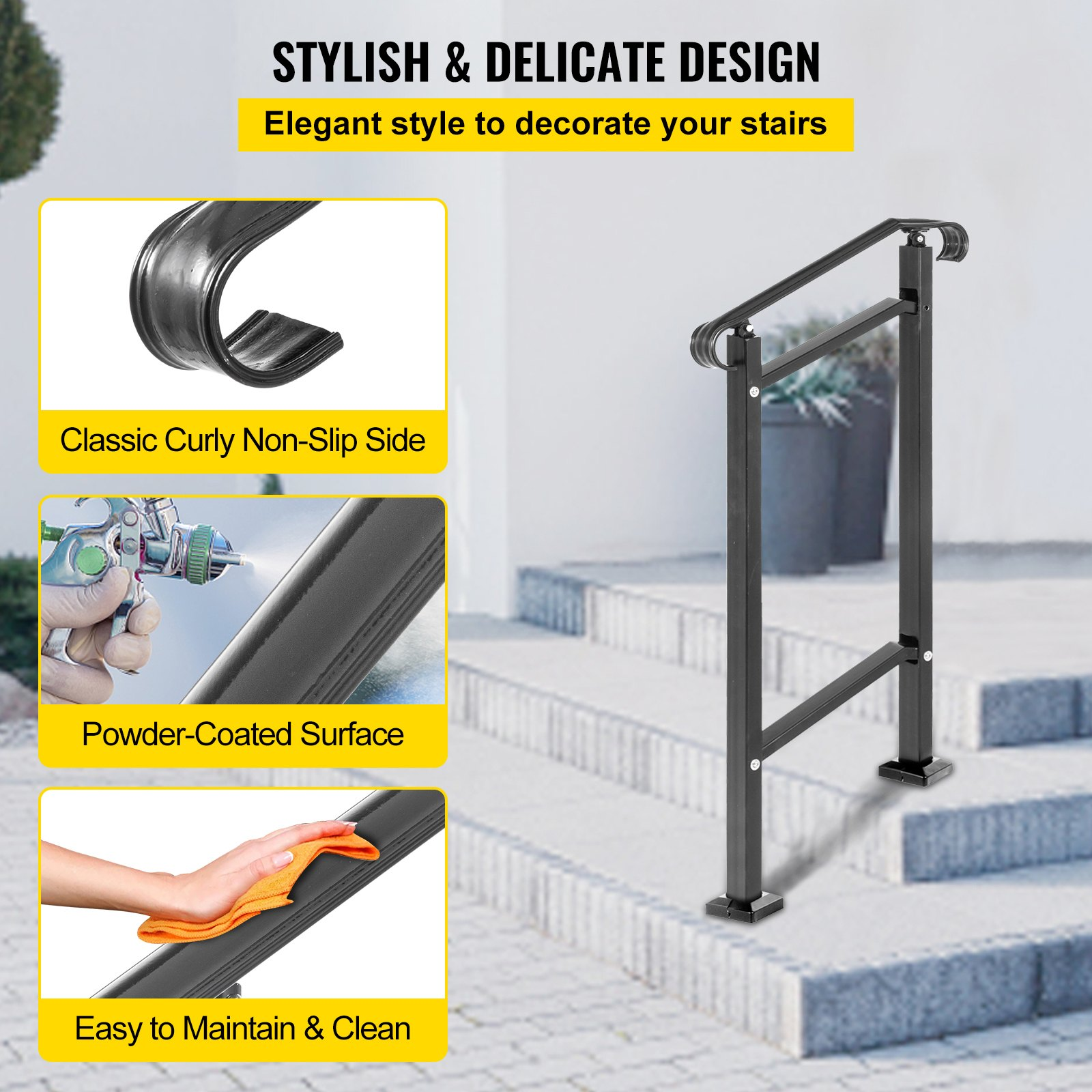 VEVOR Wrought Iron Handrail, Fit 1 or 2 Steps Outdoor Stair Railing, Adjustable Front Porch Hand Rail, Black Transitional Hand Railings for Concrete Steps or Wooden Stairs with Installation Kit