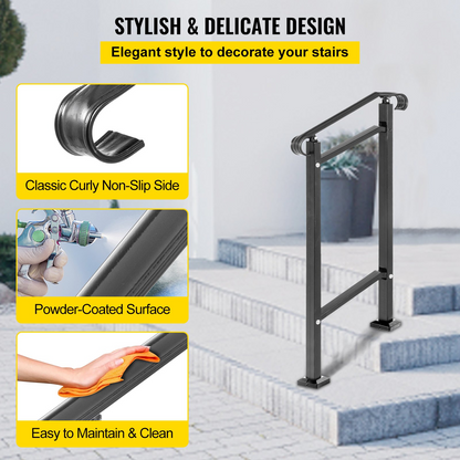 VEVOR Wrought Iron Handrail, Fit 1 or 2 Steps Outdoor Stair Railing, Adjustable Front Porch Hand Rail, Black Transitional Hand Railings for Concrete Steps or Wooden Stairs with Installation Kit