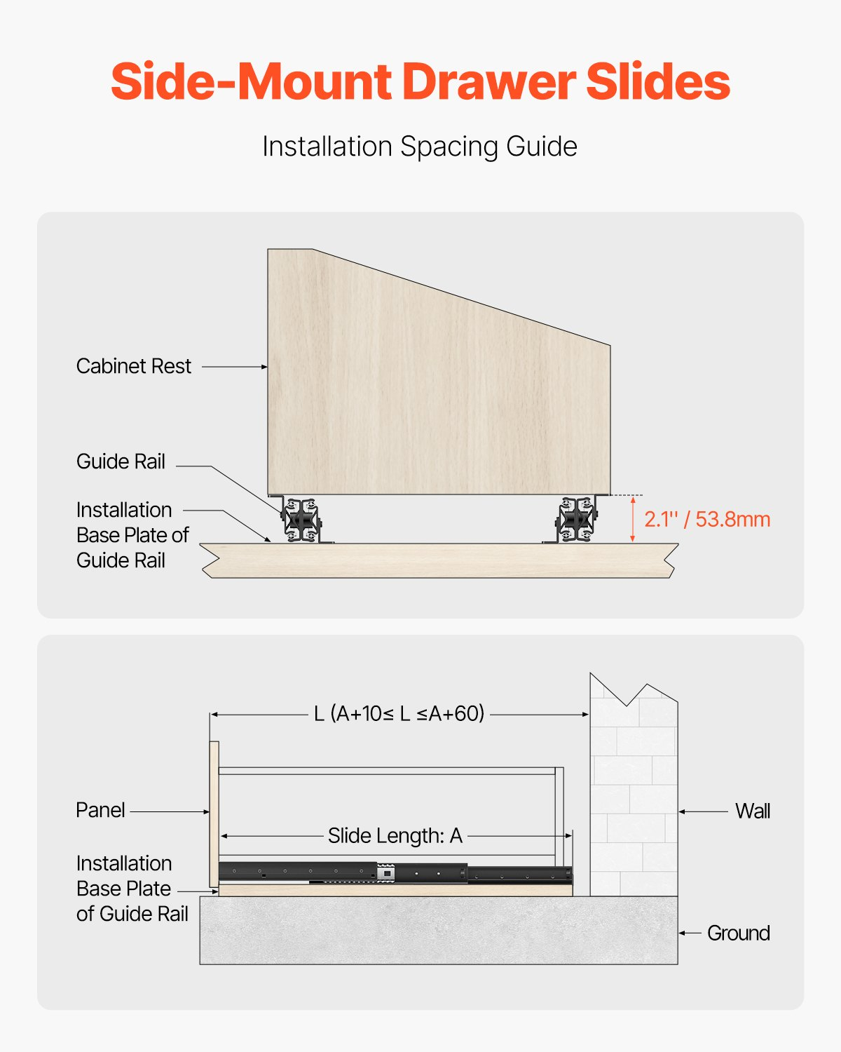 VEVOR Undermount Drawer Slides 24 inch Under Stair Cabinet Rails 260 LB Load
