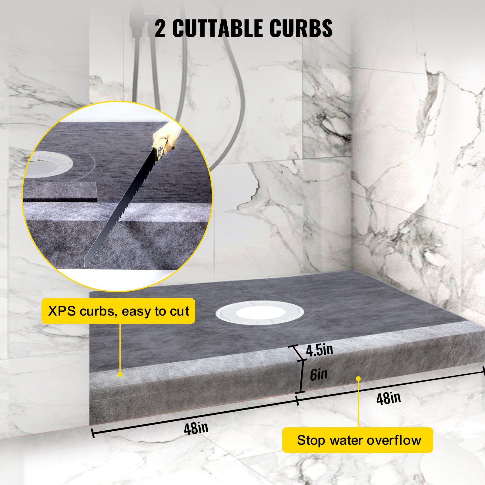 VEVOR Waterproofing Shower Kit Shower Kit Tray 48''x72'' w/ Central Drain ABS
