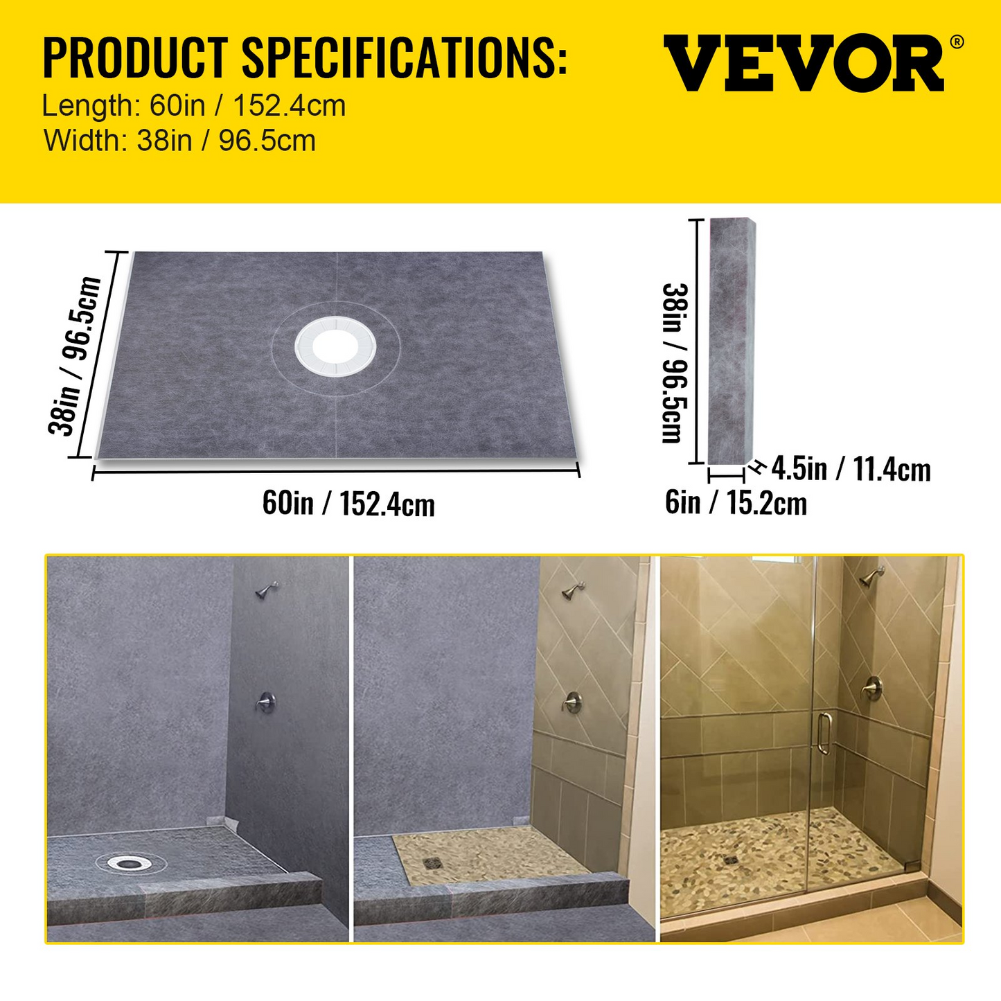 VEVOR Shower Curb Kit, 38" x 60" ABS Watertight Shower Curb Overlay with 4" ABS Central Bonding Flange, 4" Stainless Steel Grate and Trowel, Cuttable Shower Curb, Shower Pan Fit for Bathroom