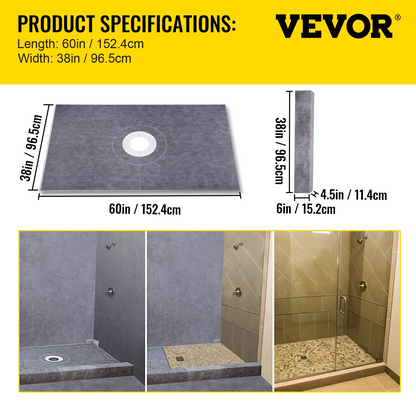 VEVOR Shower Curb Kit, 38" x 60" ABS Watertight Shower Curb Overlay with 4" ABS Central Bonding Flange, 4" Stainless Steel Grate and Trowel, Cuttable Shower Curb, Shower Pan Fit for Bathroom