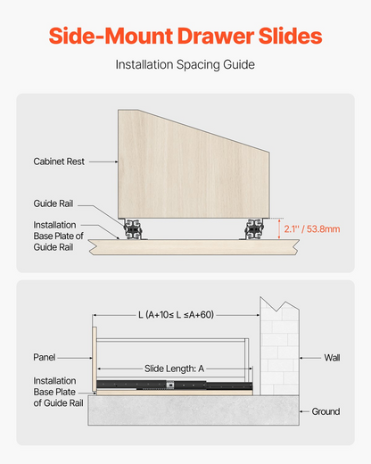 VEVOR Undermount Drawer Slides 16 inch Under Stair Cabinet Rails 260 LB Load