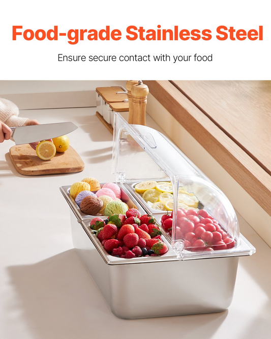 VEVOR Countertop Food Serving Display Container 4 Pan Condiment Dispenser Tray