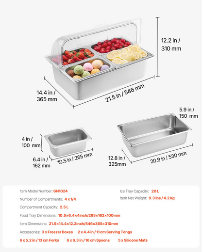 VEVOR Countertop Food Serving Display Container 4 Pan Condiment Dispenser Tray