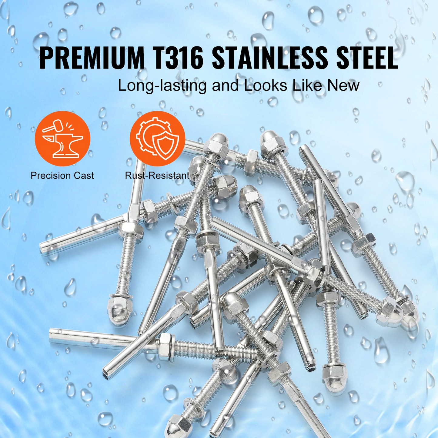 VEVOR 51 Pack Cable Railing Swage Threaded Stud Tension End Fitting Terminal for 3.2mm Deck Cable Railing, T316 Stainless Steel, Cable Railing Tensioner 3.2mm for Wood/Metal Post, Silver