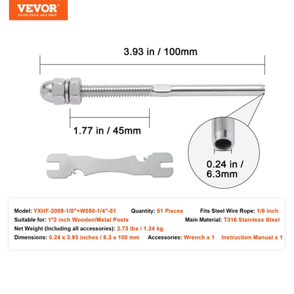 VEVOR 51 Pack Cable Railing Swage Threaded Stud Tension End Fitting Terminal for 3.2mm Deck Cable Railing, T316 Stainless Steel, Cable Railing Tensioner 3.2mm for Wood/Metal Post, Silver