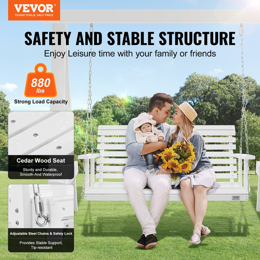 VEVOR 54” Porch Swing Bench Wooden Hanging Outdoor Garden Patio Courtyard White