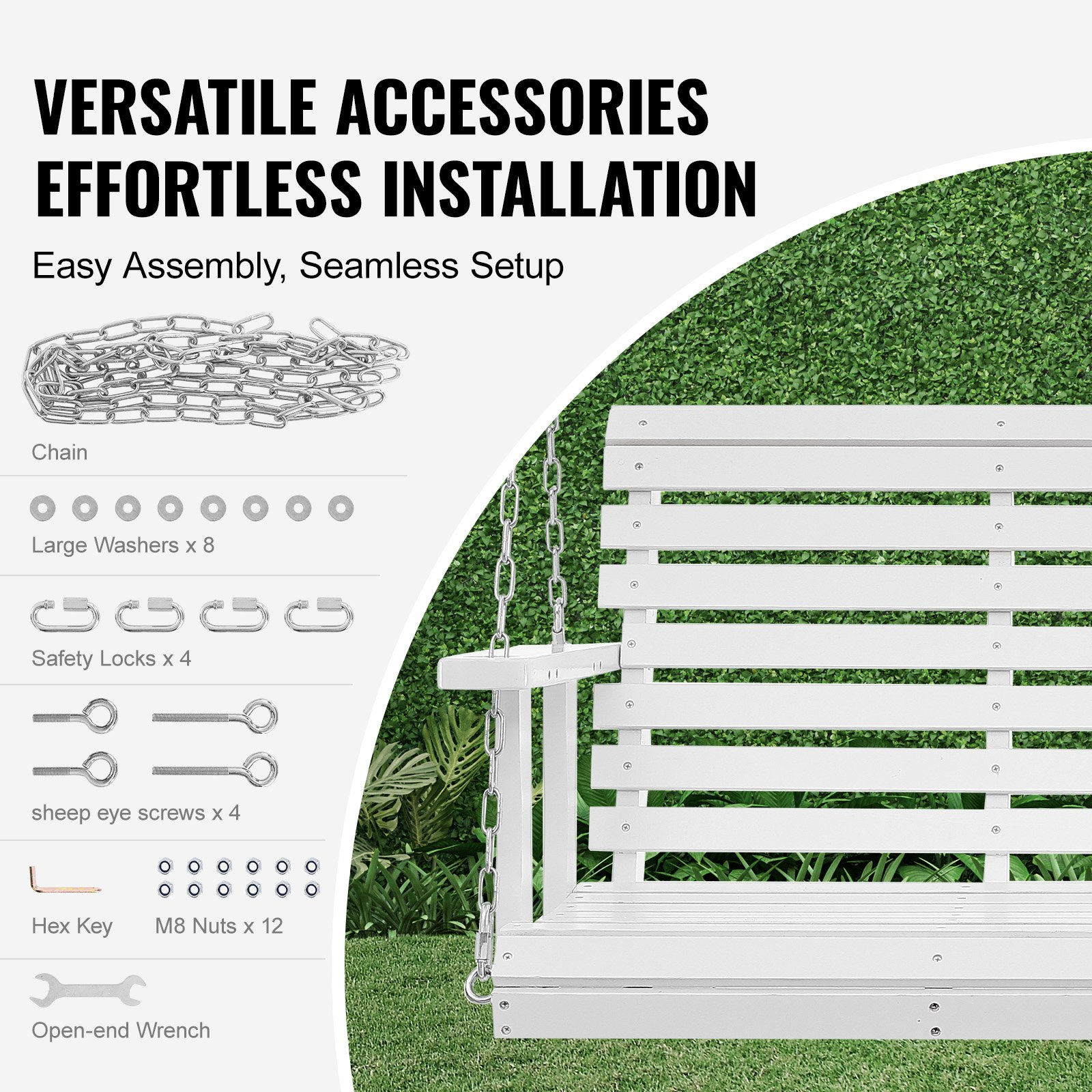 VEVOR 54” Porch Swing Bench Wooden Hanging Outdoor Garden Patio Courtyard White