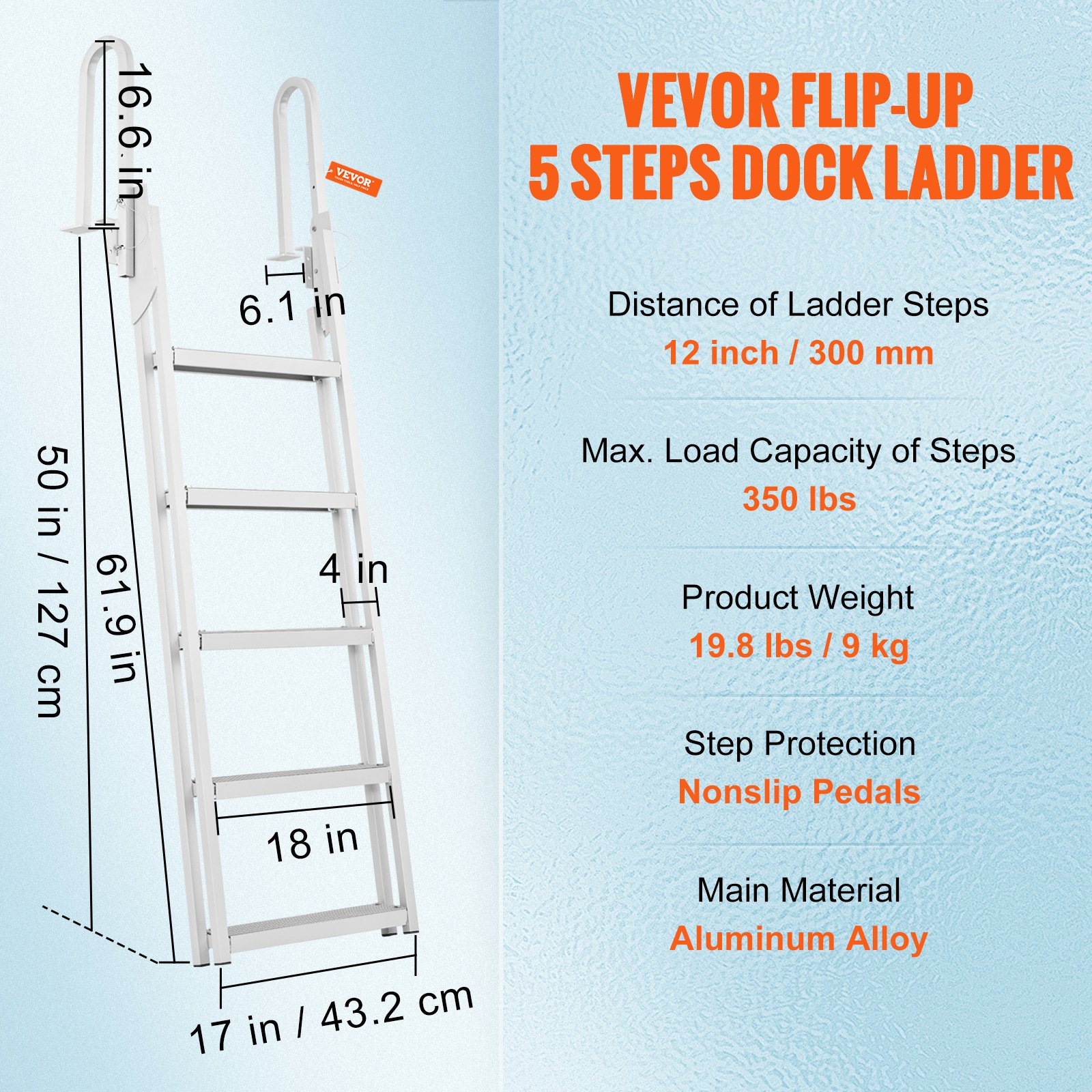 VEVOR Aluminum Dock Ladder Flip-Up Boat Dock Ladder 5 Steps with 350lbs Load