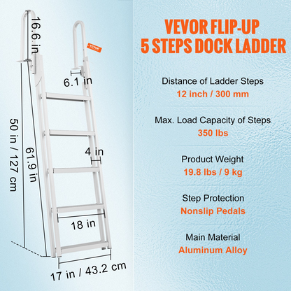 VEVOR Aluminum Dock Ladder Flip-Up Boat Dock Ladder 5 Steps with 350lbs Load