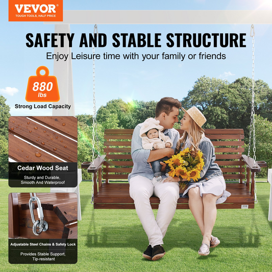VEVOR 65” Porch Swing Bench Wooden Hanging Outdoor Garden Patio Courtyard Brown