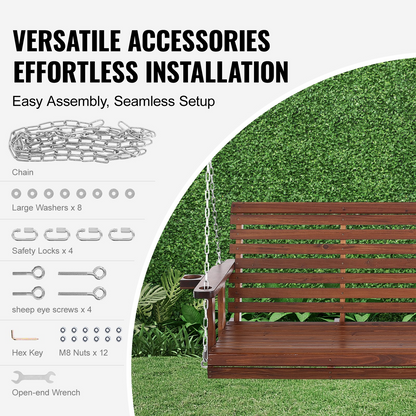 VEVOR 65” Porch Swing Bench Wooden Hanging Outdoor Garden Patio Courtyard Brown