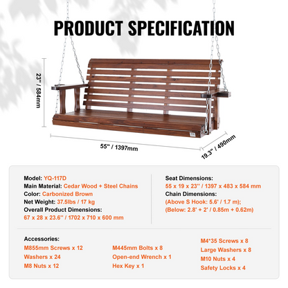 VEVOR 65” Porch Swing Bench Wooden Hanging Outdoor Garden Patio Courtyard Brown