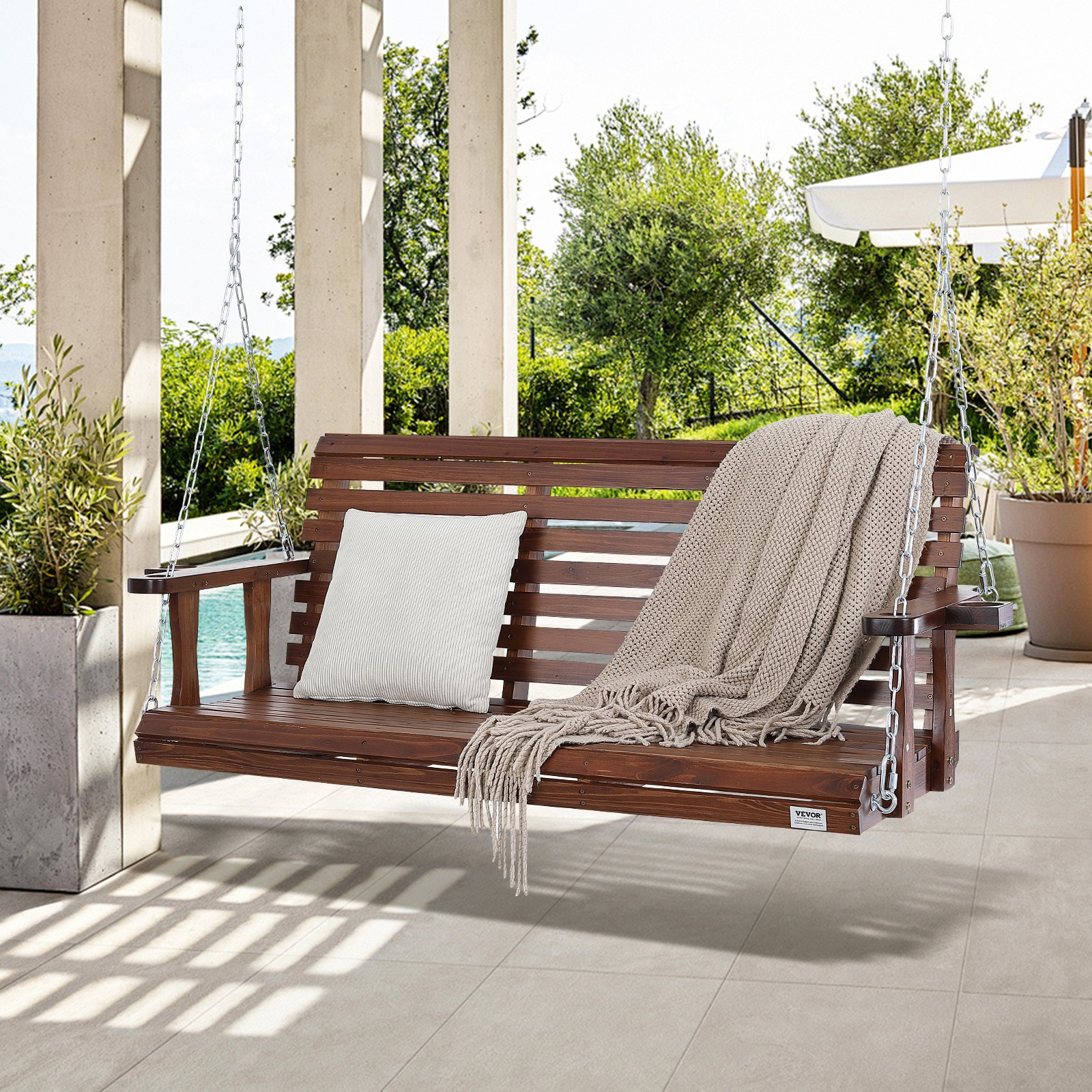 VEVOR 65” Porch Swing Bench Wooden Hanging Outdoor Garden Patio Courtyard Brown