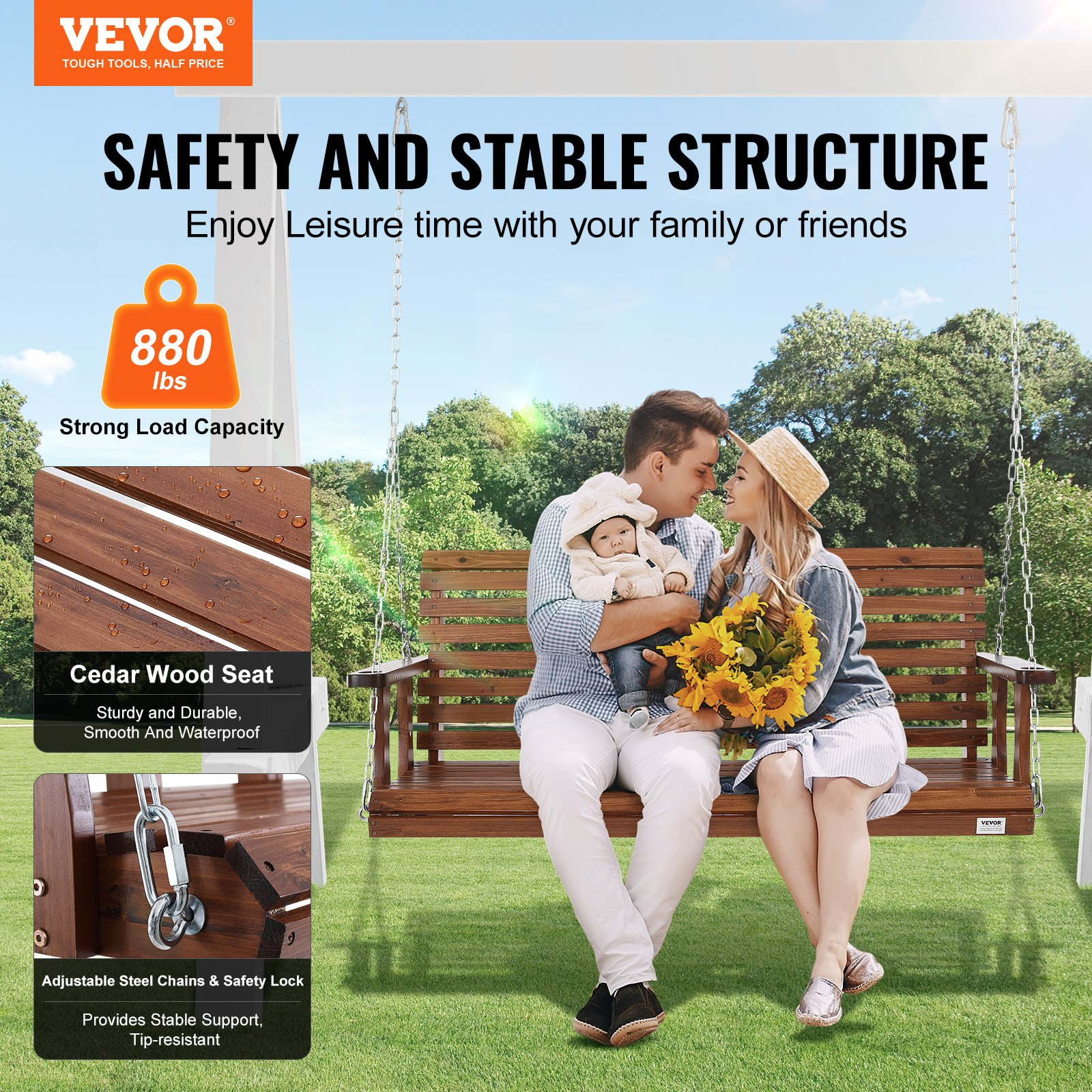 VEVOR 60” Porch Swing Bench Wooden Hanging Outdoor Garden Patio Courtyard Brown