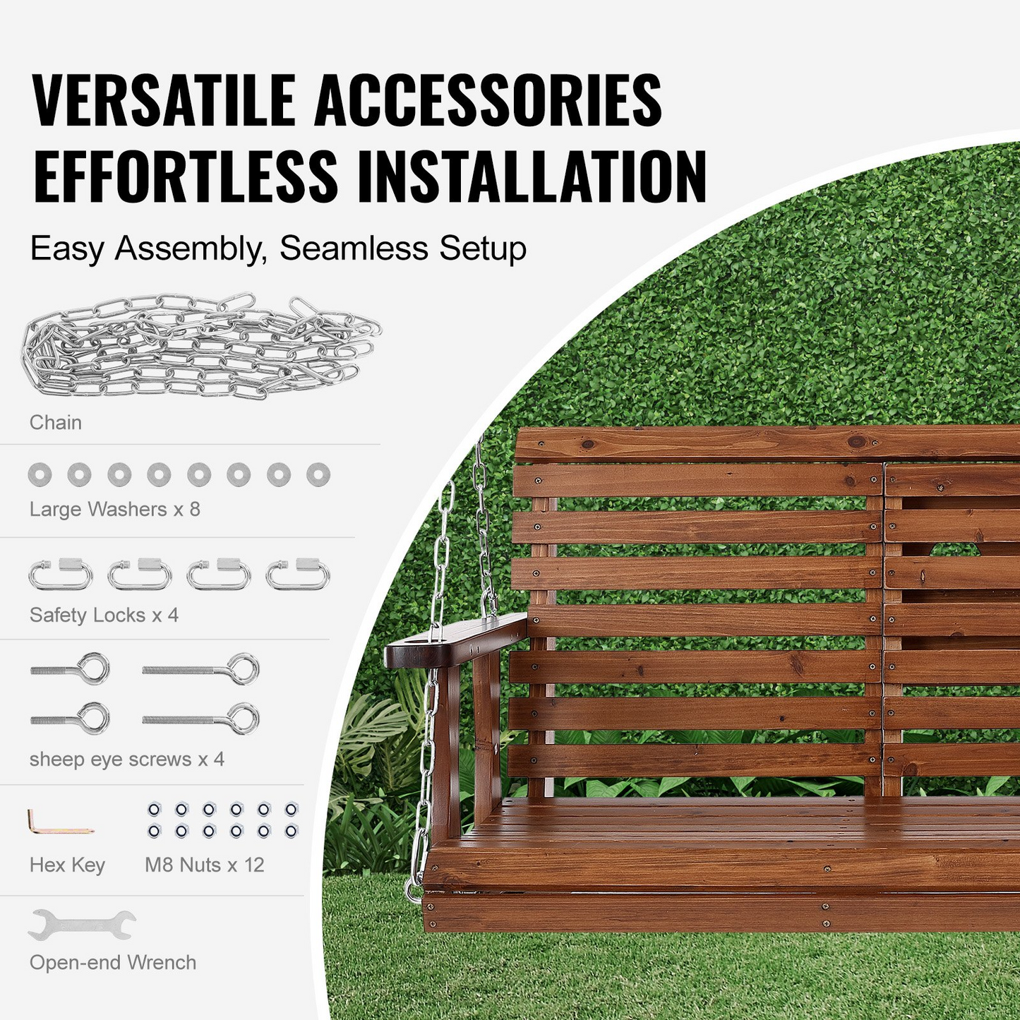 VEVOR 60” Porch Swing Bench Wooden Hanging Outdoor Garden Patio Courtyard Brown