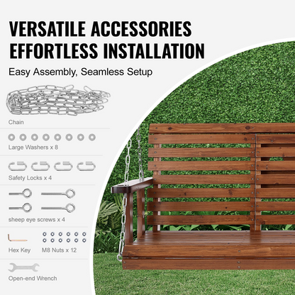 VEVOR 60” Porch Swing Bench Wooden Hanging Outdoor Garden Patio Courtyard Brown