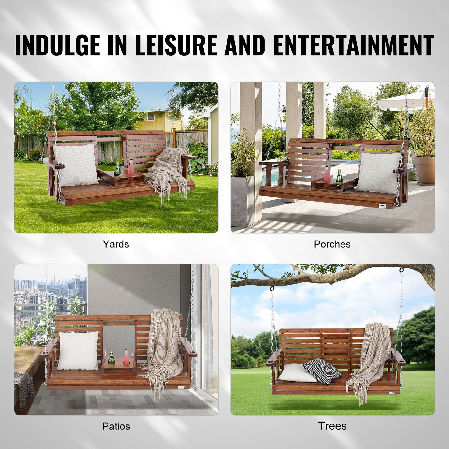 VEVOR 60” Porch Swing Bench Wooden Hanging Outdoor Garden Patio Courtyard Brown