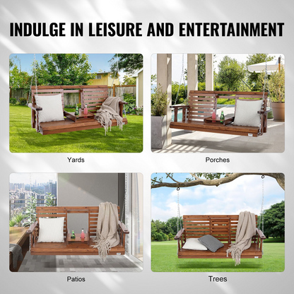 VEVOR 60” Porch Swing Bench Wooden Hanging Outdoor Garden Patio Courtyard Brown