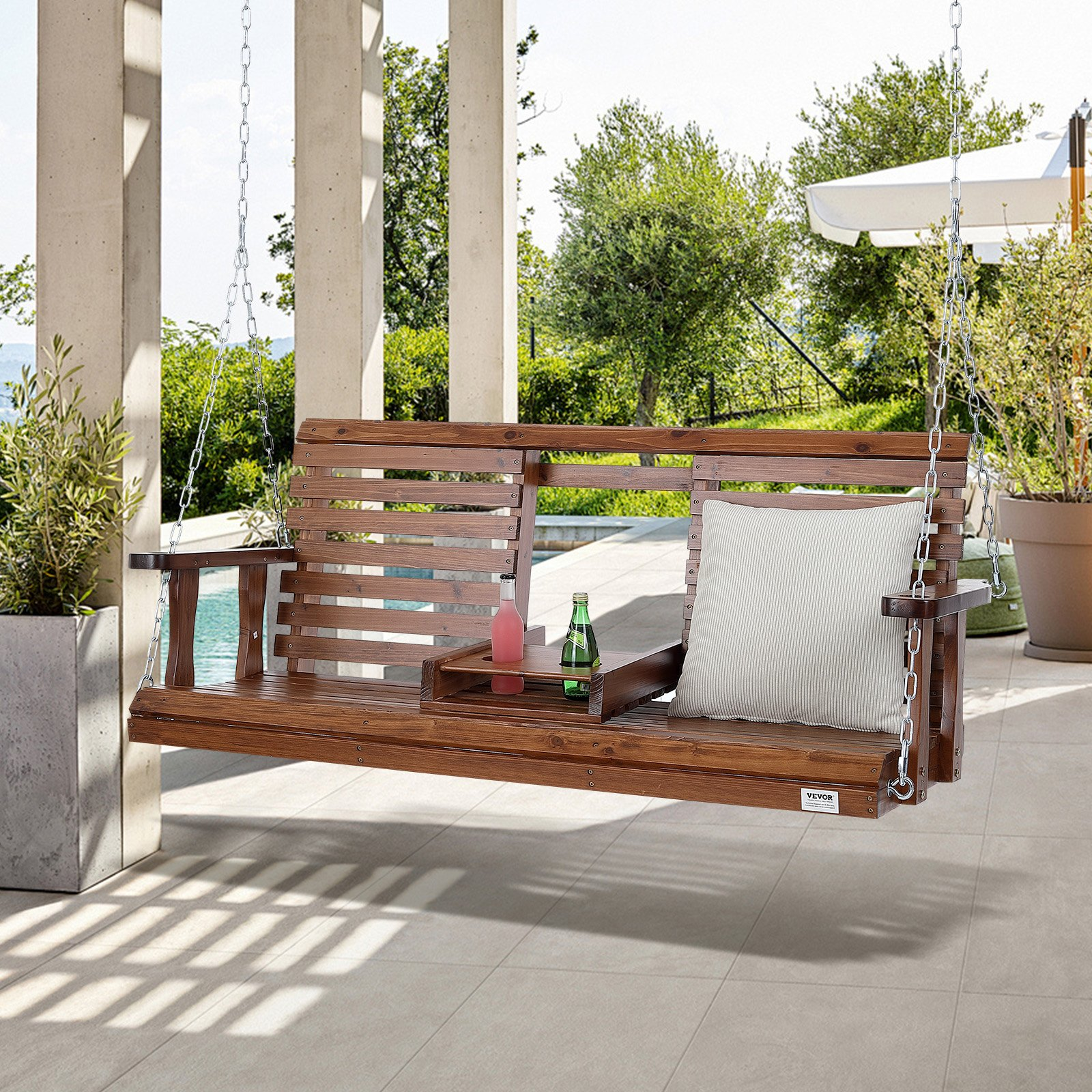 VEVOR 60” Porch Swing Bench Wooden Hanging Outdoor Garden Patio Courtyard Brown